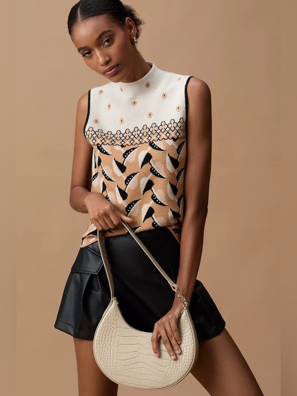 NWT Maeve Anthropologie Maria Mock Neck Sweater Tank Tan Black Vest Knit Small